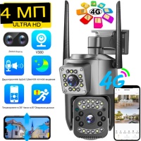 Уличная камера видеонаблюдения с двумя объективами 2 камеры IP камера V380 Pro, 4 Мп, 3G, 4G, LTE, от сим карты, автослежение, PTZ (Черная) YX07-4G
