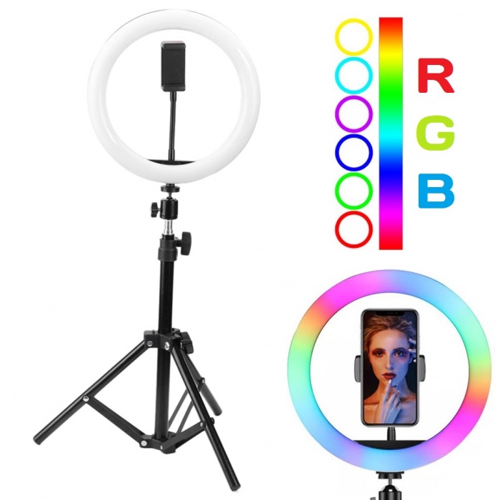 Цветная кольцевая RGB лампа со штативом MJ 26 (диаметр 26 см)