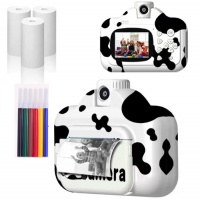 Детский фотоаппарат мгновенной моментальной печати Wi-Fi с функцией записи видео, с играми (корова) Черная