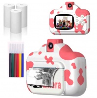 Детский фотоаппарат мгновенной моментальной печати Wi-Fi с функцией записи видео, с играми (корова) Розовая