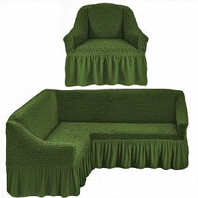 Натяжной чехол на угловой диван и чехол на кресло (Зеленый)