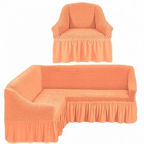Натяжной чехол на угловой диван и чехол на кресло (Персиковый)