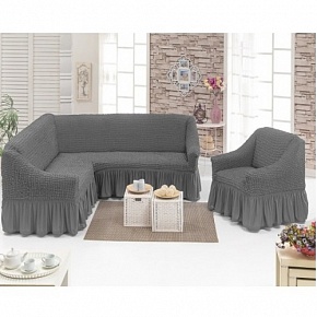 Натяжной чехол на угловой диван и чехол на кресло (серый)